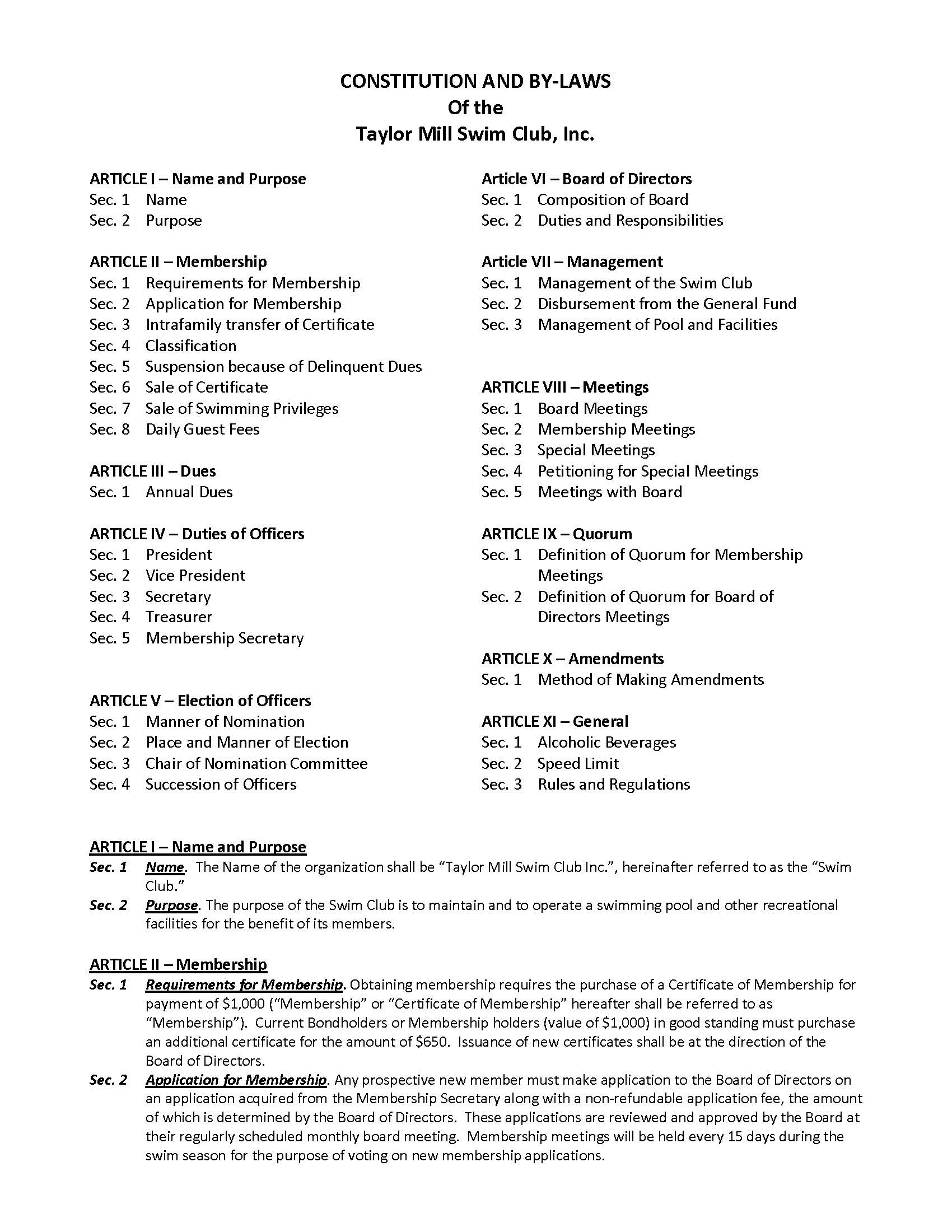 Constitution and By-Laws | Taylor Mill Swim Club